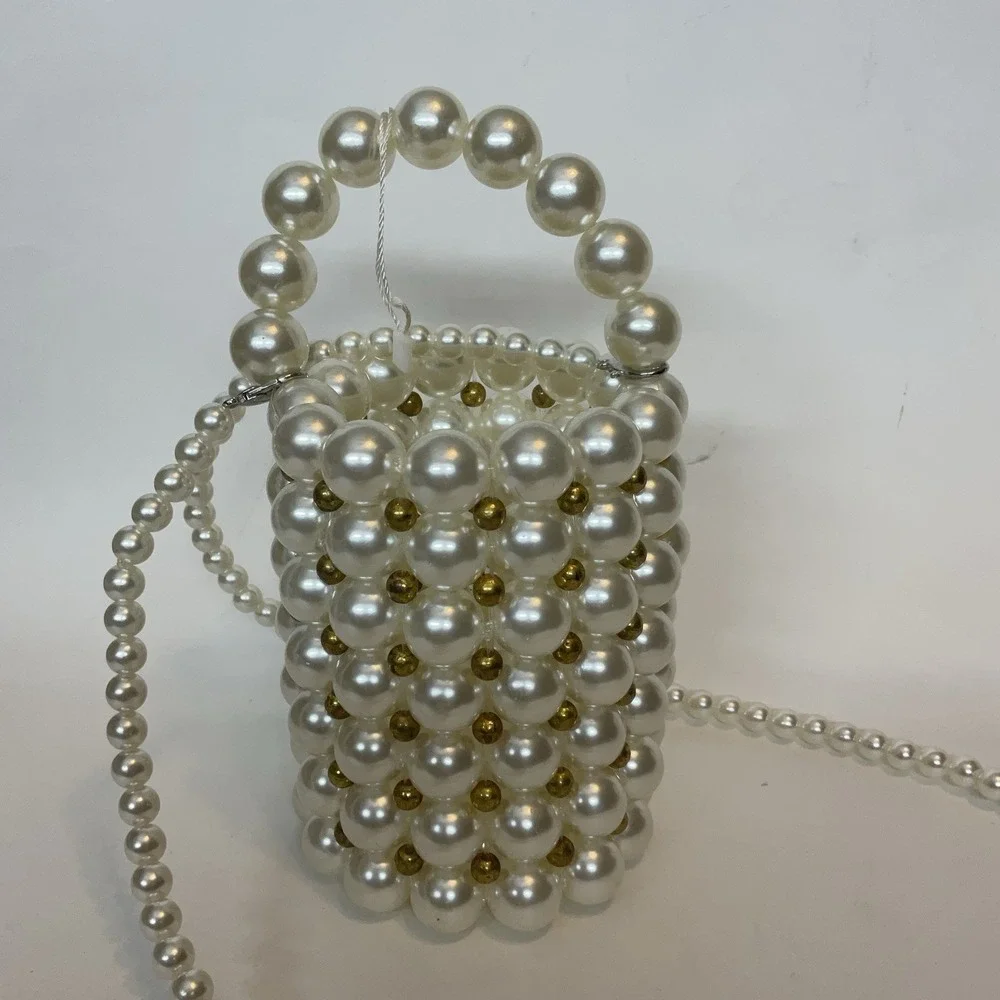 Vintage Faux Pearls Beaded Basket Style‎ Crossbody Evening Purse Bag